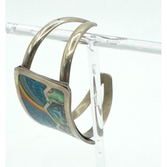 Rainbow Mountain Scene Sterling Silver Cuff Bracelet With Turquoise & Inlay Desi - Picture 3 of 4